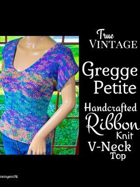 ▪️VTG▪️GREGGE PETITE▪️1980's Retro Pastels Handcrafted Ribbon Knit V-Neck Top